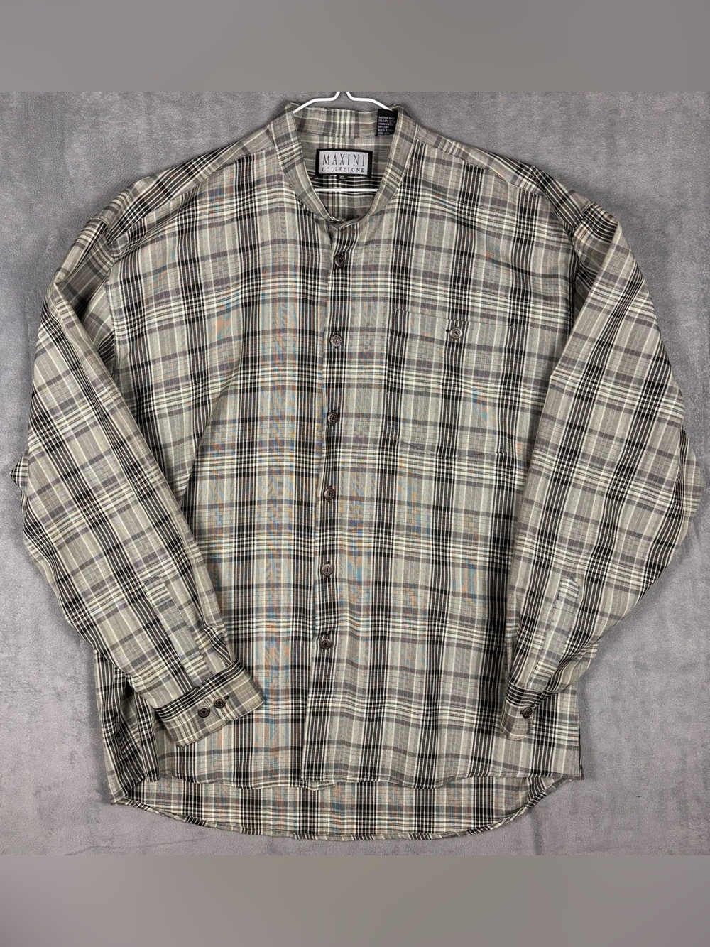 Vintage 90s Maxini Collezione Mens XL Band Collar Plaid Shirt Gray Long Sleeve